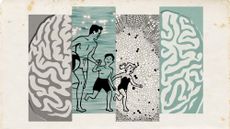 Photo collage of a brain, water surface shimmering in the sun, a close-up of a petri dish, and a vintage-style cartoon of a man with two children running towards the water, all in swimwear.