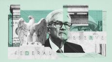 Illustration of Federal reserve building, Jerome Powell and dollar graphics