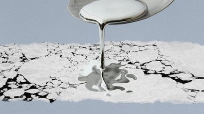 Photo collage of liquid mercury spilling on ice