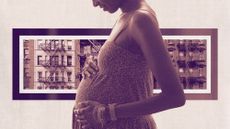 Photo collage of a young Black pregnant woman, with city apartment buildings in the background