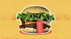 Illustration of a cheeseburger with a sale tag