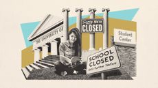 Illustration of a student reading a textbook outside a photo montage of college buildings and 'closed' signs