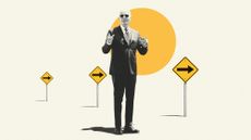 Illustration of Joe Biden standing alongside arrow signs