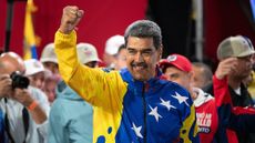 Nicolas Maduro celebrates at Miraflores Palace after being declared the winner of Venezuela's election 