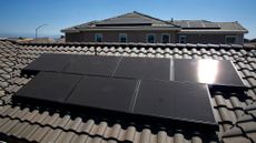 Solar panels seen on the roof of a model home in San Francisco, California