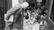 At Columbia University in April 1968, a professor opens a door to find an entrance blocked during student sit-ins